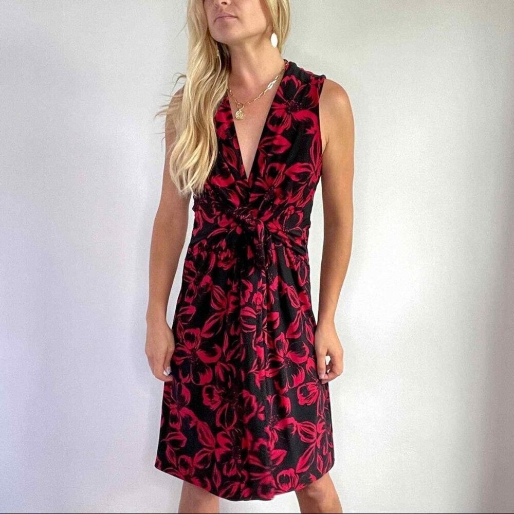 Norma Kamali Twist Front Sleeveless Floral Print Dress XL Black & Red